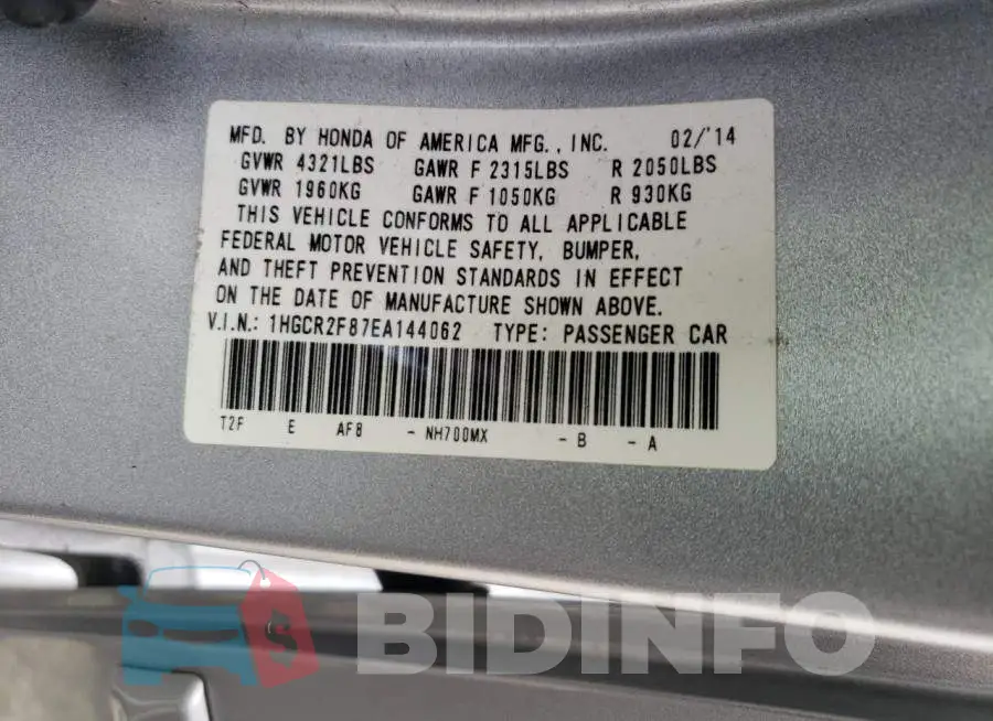 1HGCR2F87EA144062 Photo# 13