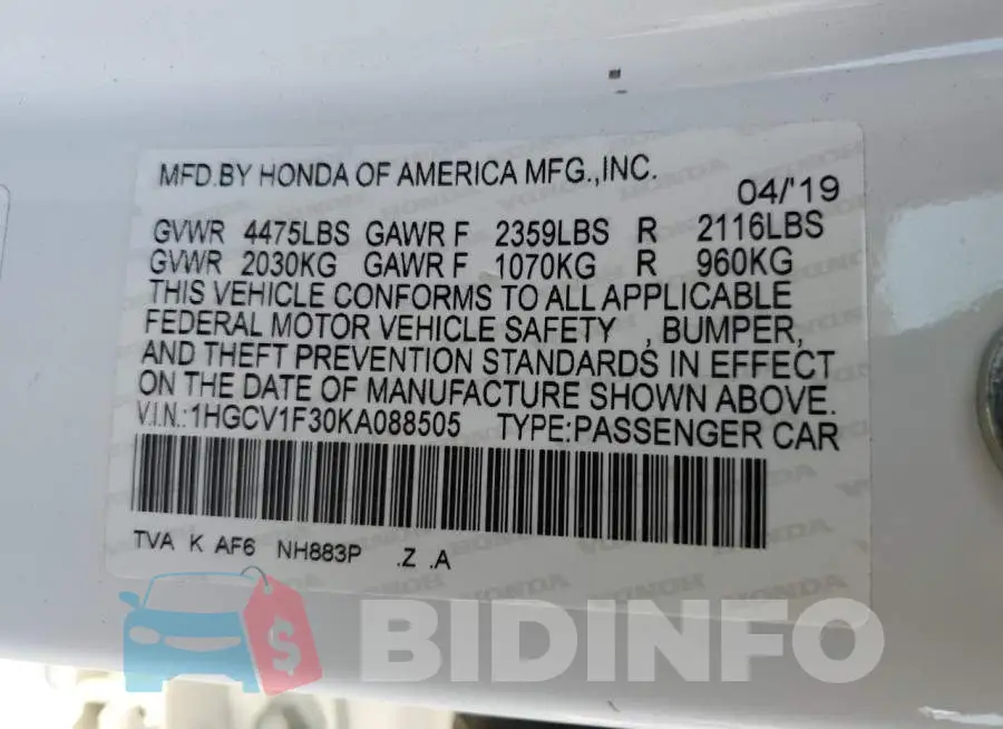 1HGCV1F30KA088505 Photo# 13