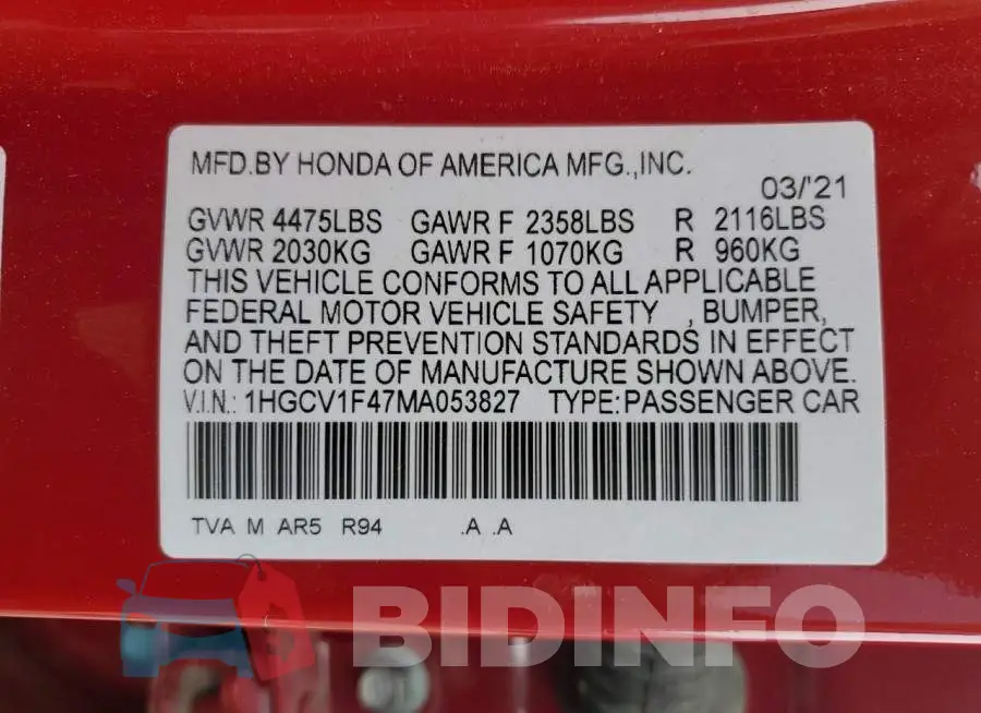 1HGCV1F47MA053827 Photo# 12
