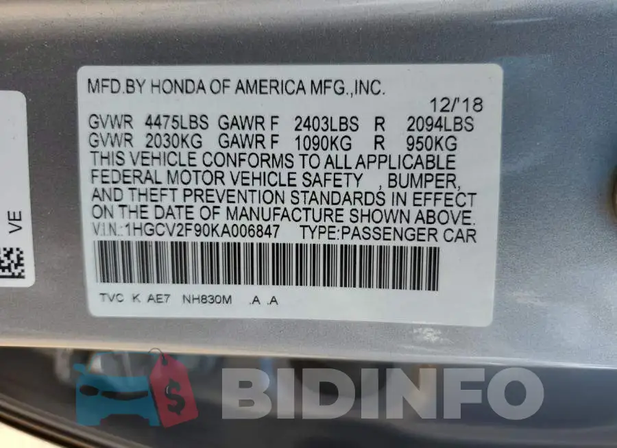 1HGCV2F90KA006847 Photo# 12