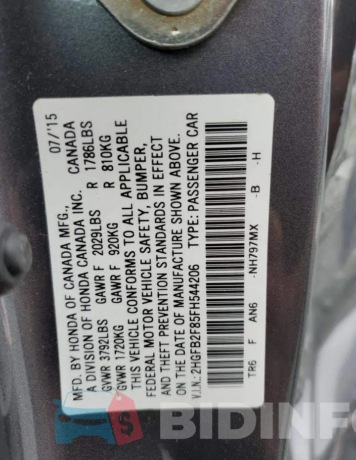 2HGFB2F85FH544206 Photo# 12