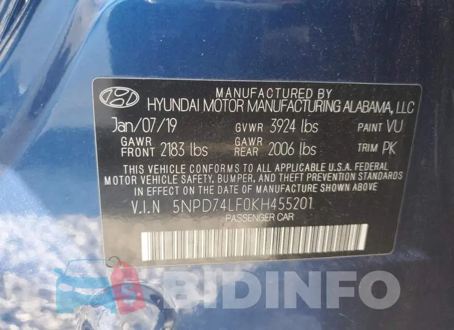 5NPD74LF0KH455201 Photo# 13