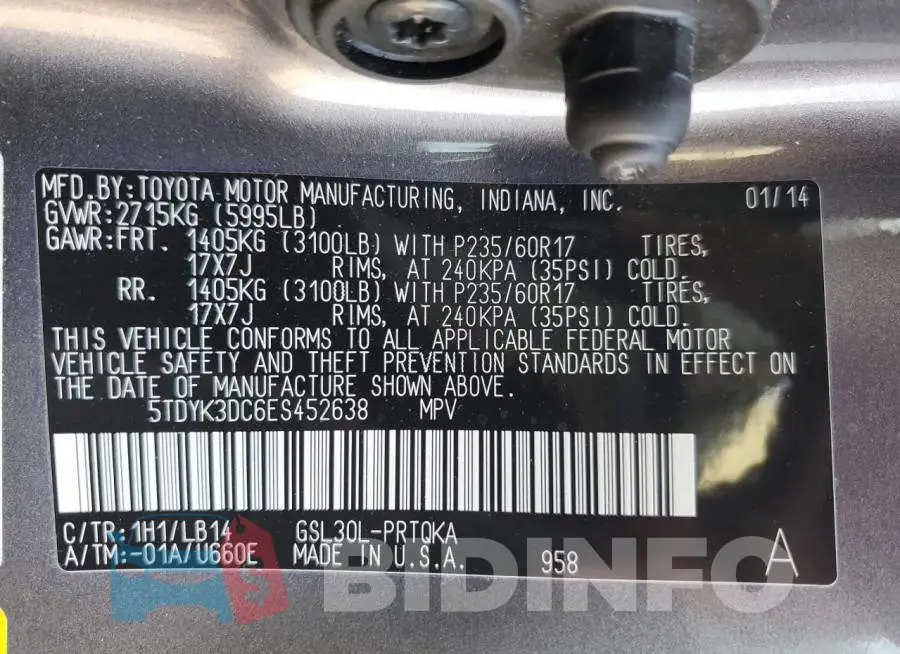 5TDYK3DC6ES452638 Photo# 14