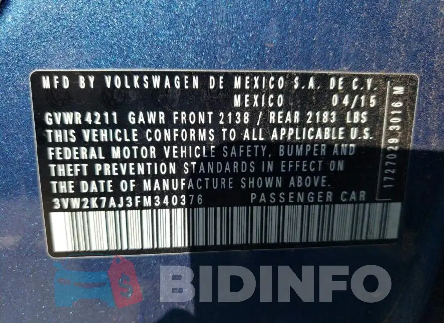 3VW2K7AJ3FM340376 Photo# 12