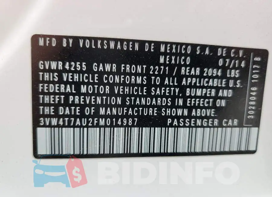 3VW4T7AU2FM014987 Photo# 12