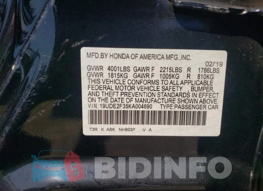 19UDE2F35KA004690 Photo# 12