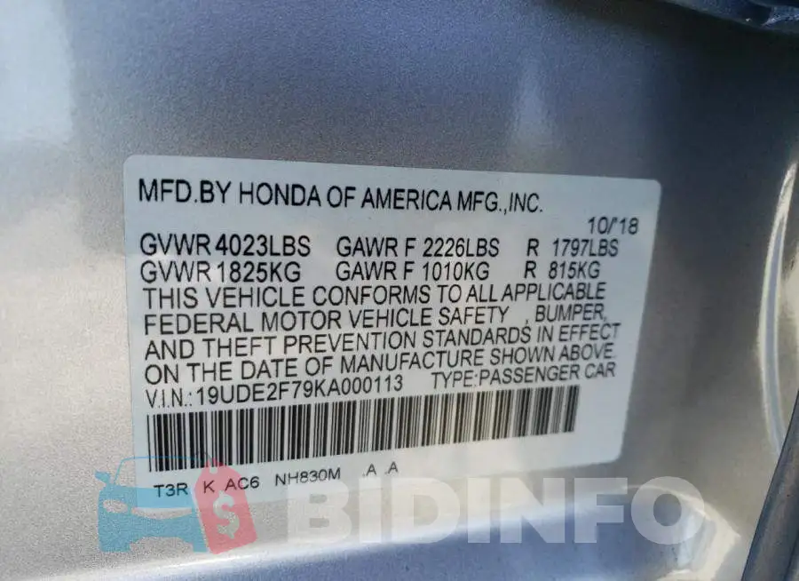 19UDE2F79KA000113 Photo# 13