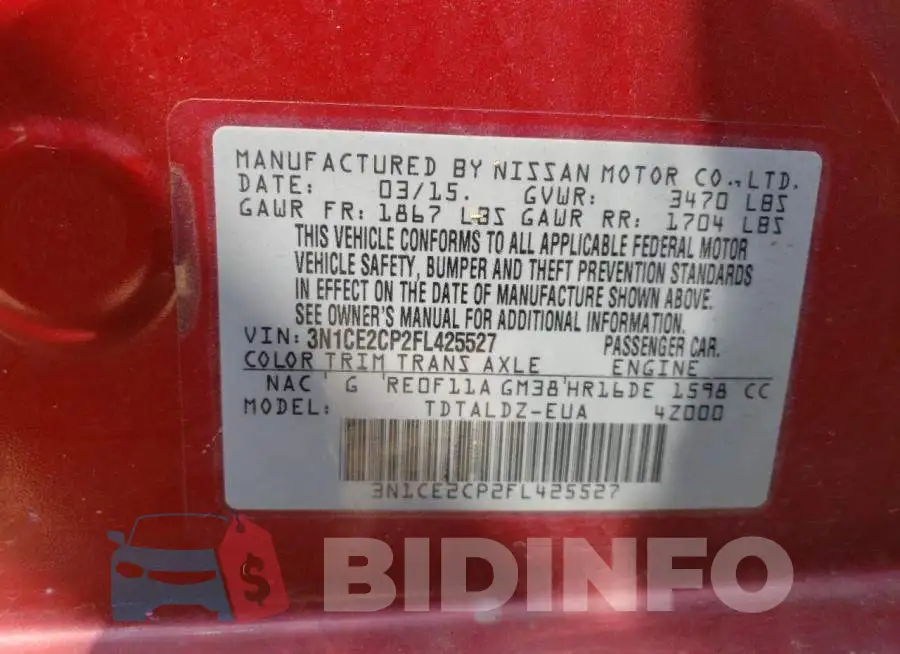 3N1CE2CP2FL425527 Photo# 12