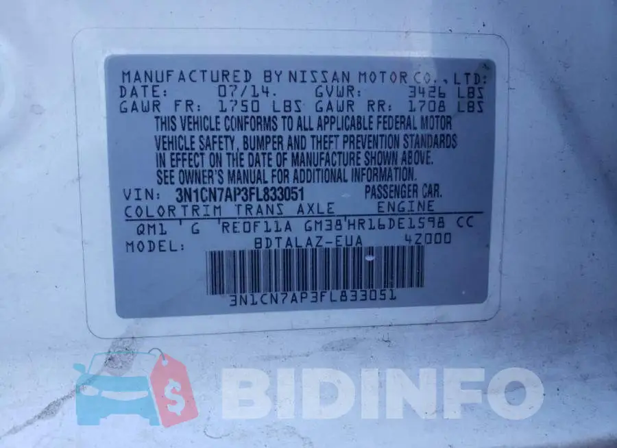 3N1CN7AP3FL833051 Photo# 12