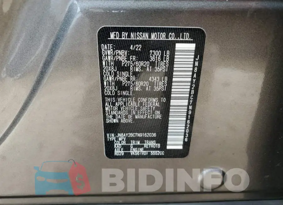 JN8AY2BC7N9162036 Photo# 13