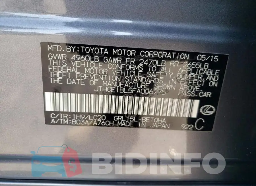 JTHCE1BL5FA006275 Photo# 12