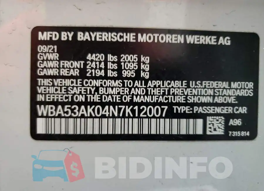 WBA53AK04N7K12007 Photo# 12