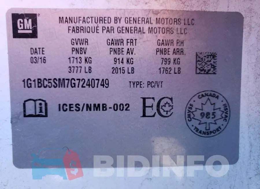 1G1BC5SM7G7240749 Photo# 12