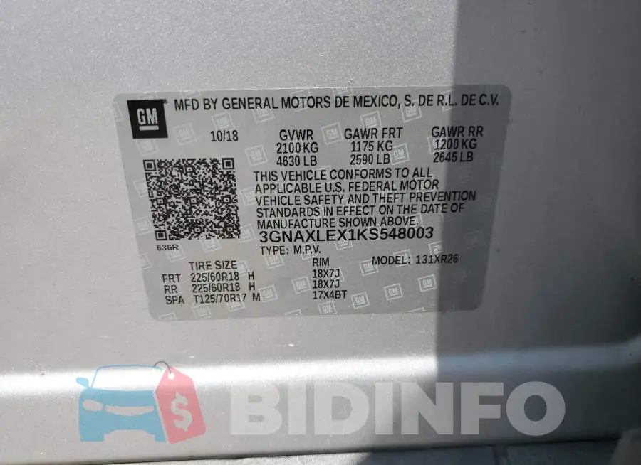 3GNAXLEX1KS548003 Photo# 13