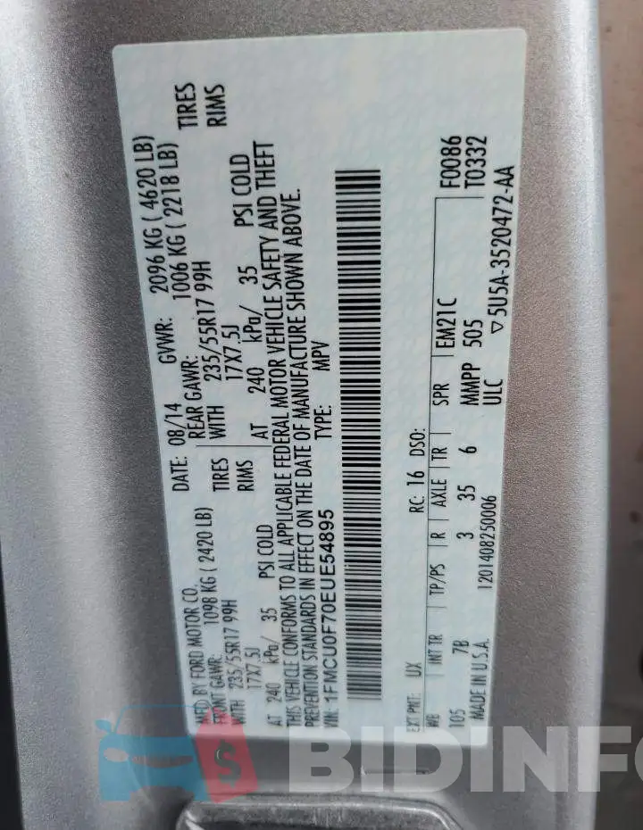 1FMCU0F70EUE54895 Photo# 13