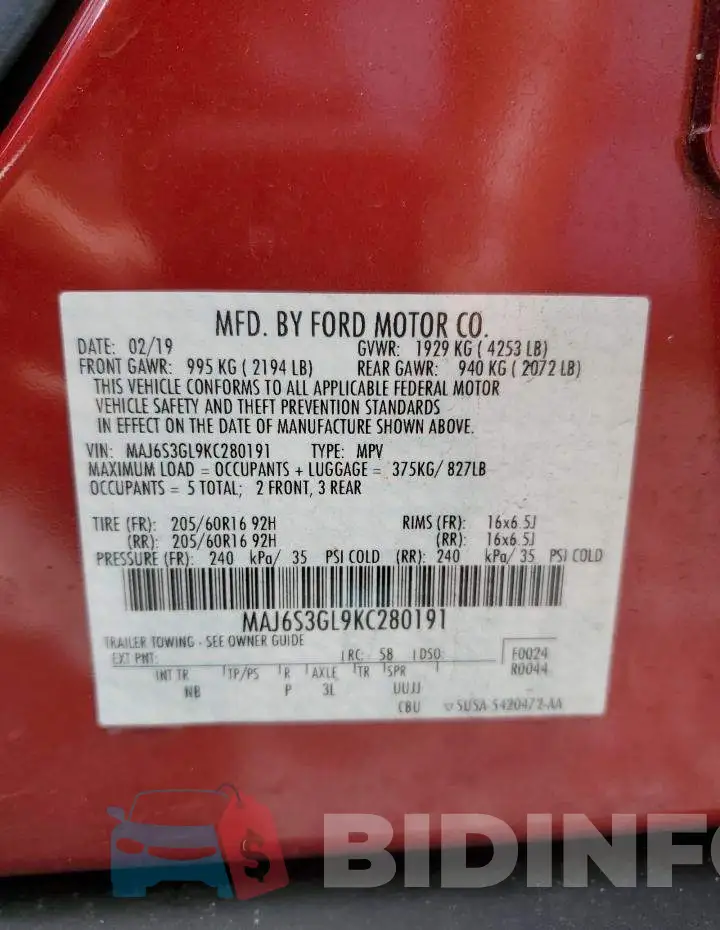 MAJ6S3GL9KC280191 Photo# 12
