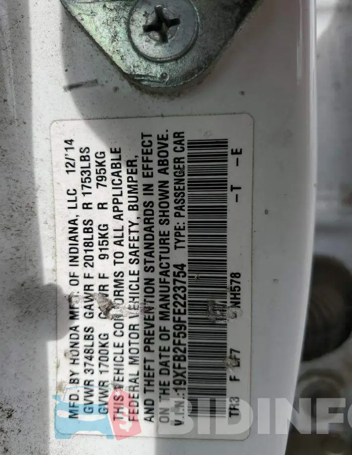 19XFB2F59FE223754 Photo# 12