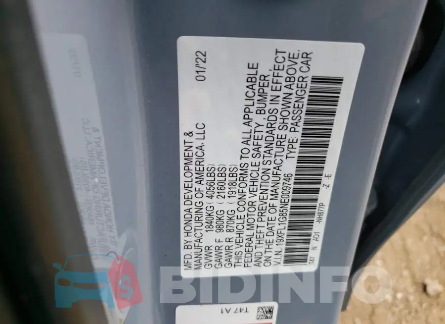 19XFL1G85NE009746 Photo# 13