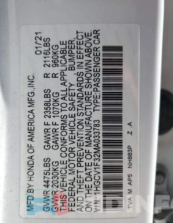1HGCV1F32MA033783 Photo# 13