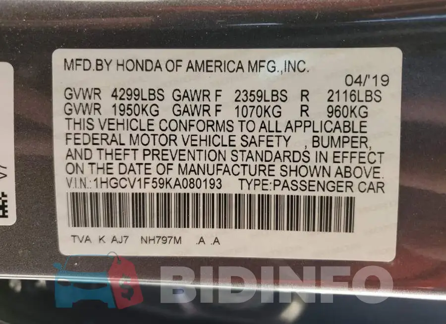 1HGCV1F59KA080193 Photo# 12