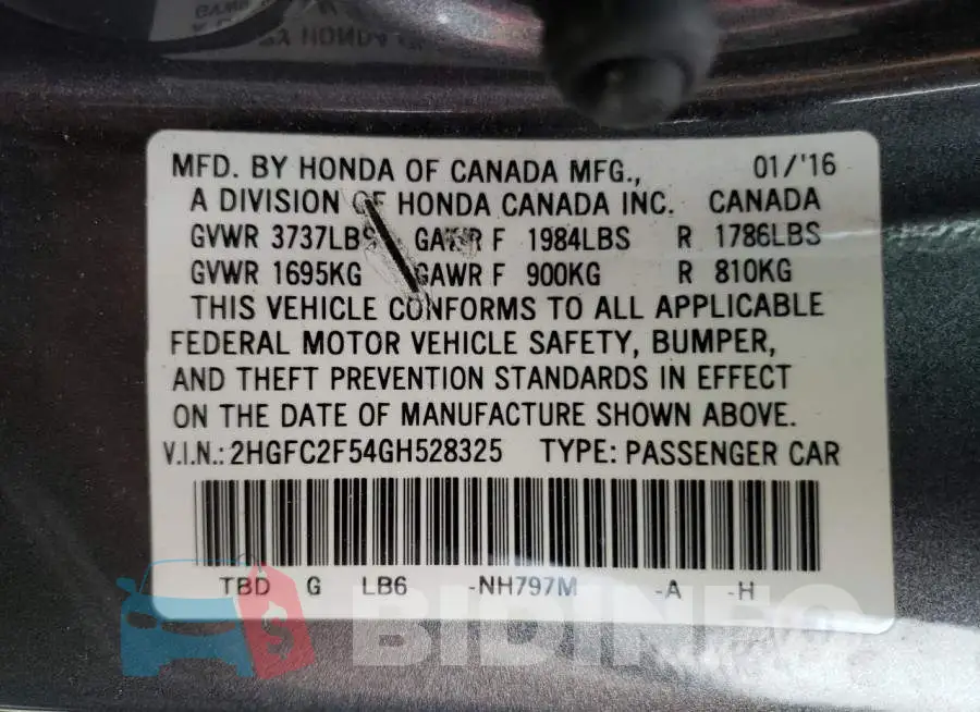 2HGFC2F54GH528325 Photo# 12