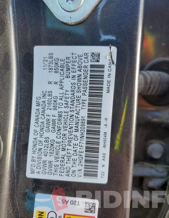 2HGFE1F71NH309891 Photo# 13