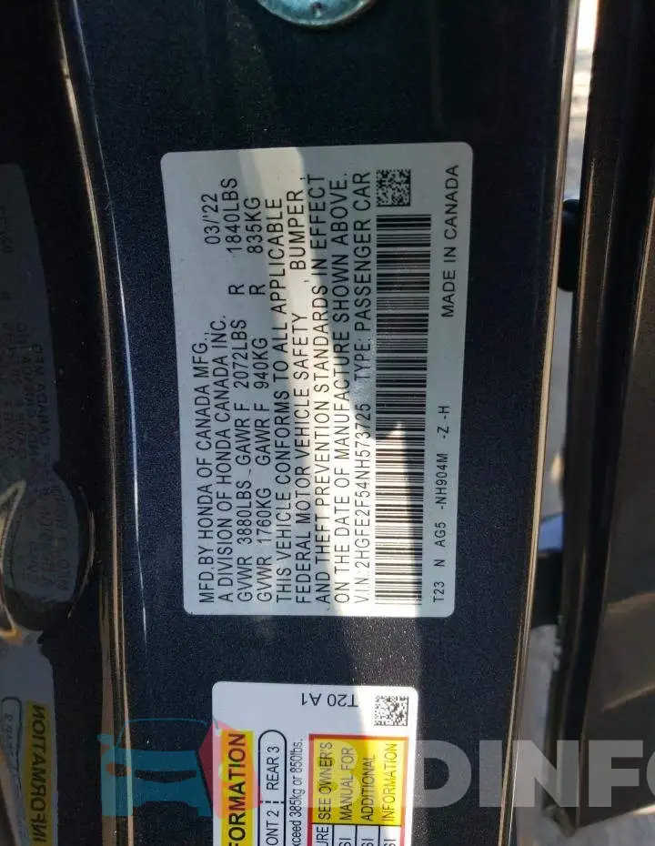 2HGFE2F54NH573725 Photo# 12