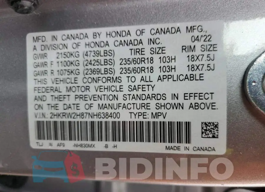 2HKRW2H87NH638400 Photo# 12