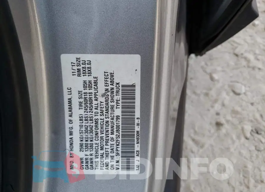 5FPYK2F52JB001799 Photo# 12