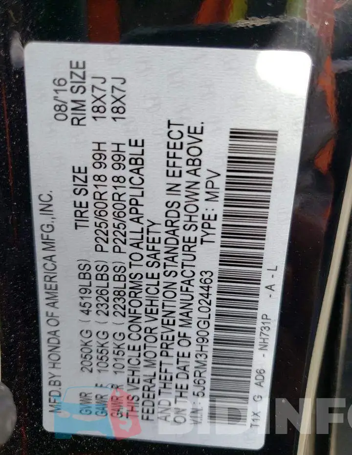 5J6RM3H90GL024463 Photo# 12