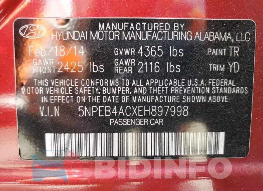 5NPEB4ACXEH897998 Photo# 12