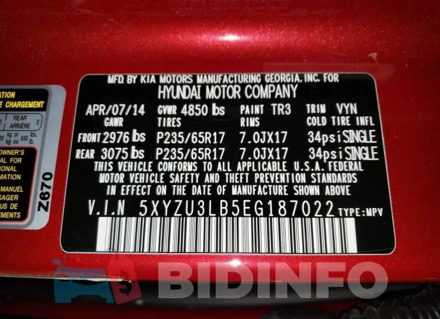 5XYZU3LB5EG187022 Photo# 13