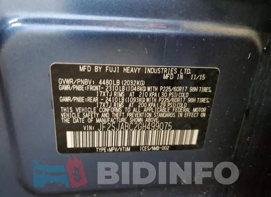 JF2SJABC2GH499075 Photo# 14