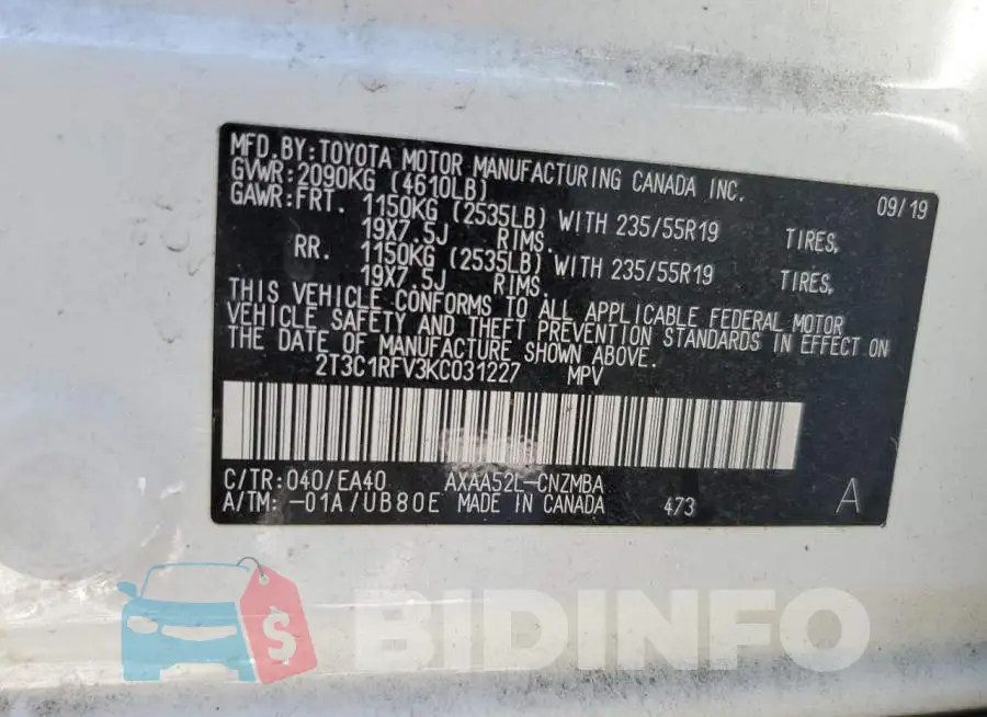 2T3C1RFV3KC031227 Photo# 13