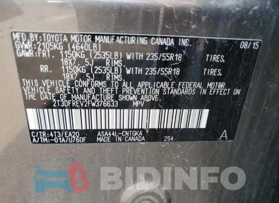 2T3DFREV2FW376633 Photo# 13