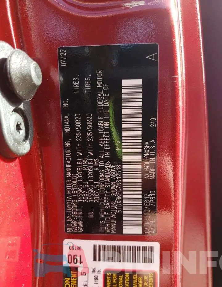 5TDXRKEC7NS125181 Photo# 13