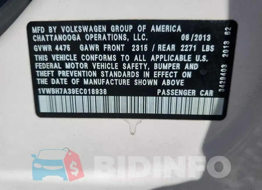 1VWBH7A39EC018938 Photo# 12
