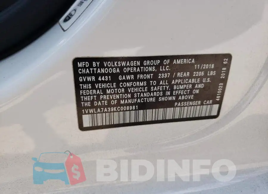 1VWLA7A39KC008981 Photo# 12