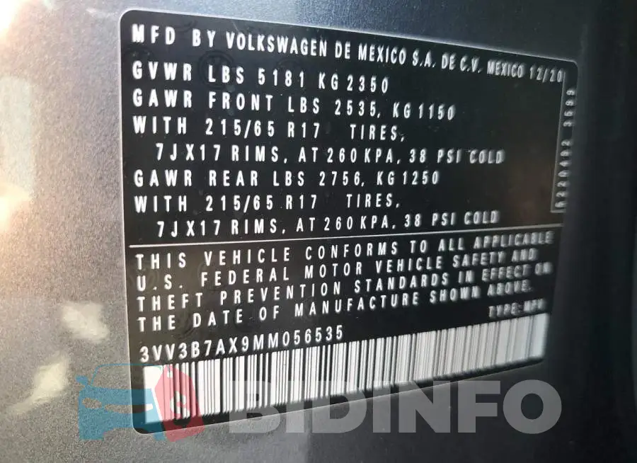 3VV3B7AX9MM056535 Photo# 13