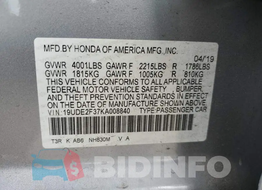 19UDE2F37KA008840 Photo# 12