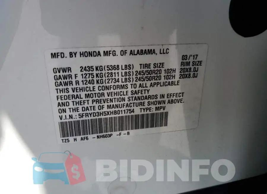 5FRYD3H5XHB011754 Photo# 13