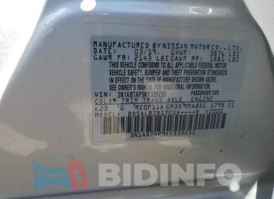 3N1AB7AP9KY335255 Photo# 13