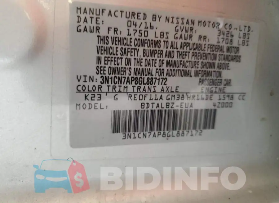 3N1CN7AP8GL887172 Photo# 13
