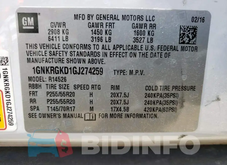 1GNKRGKD1GJ274259 Photo# 14