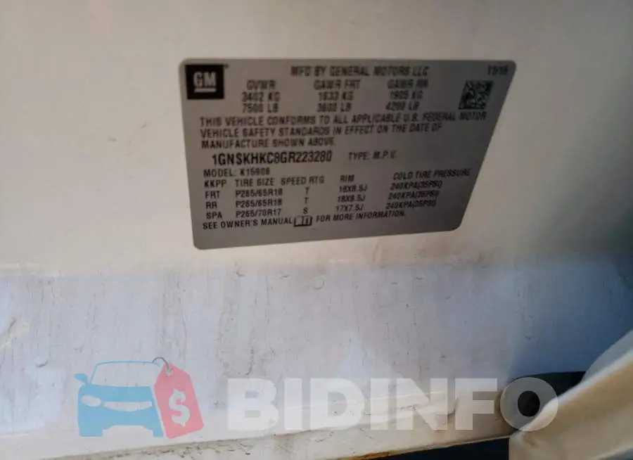 1GNSKHKC8GR223280 Photo# 13