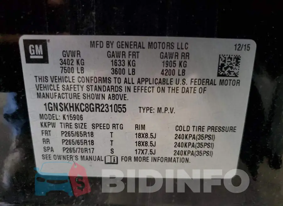 1GNSKHKC8GR231055 Photo# 14