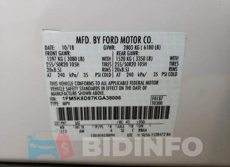 1FM5K8D87KGA38006 Photo# 12