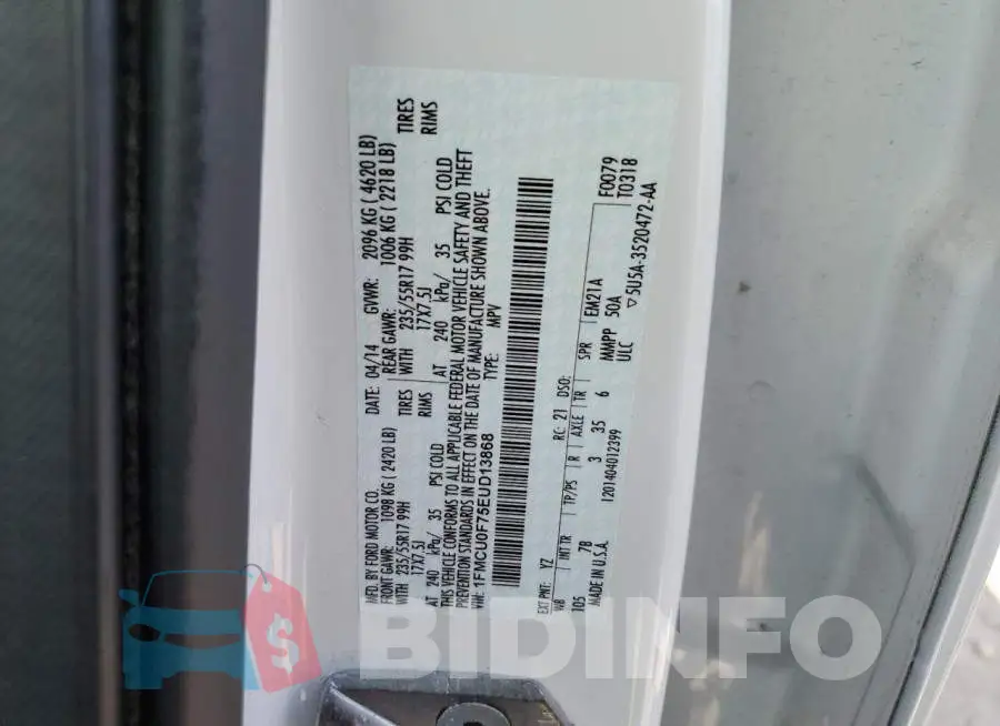 1FMCU0F75EUD13868 Photo# 13