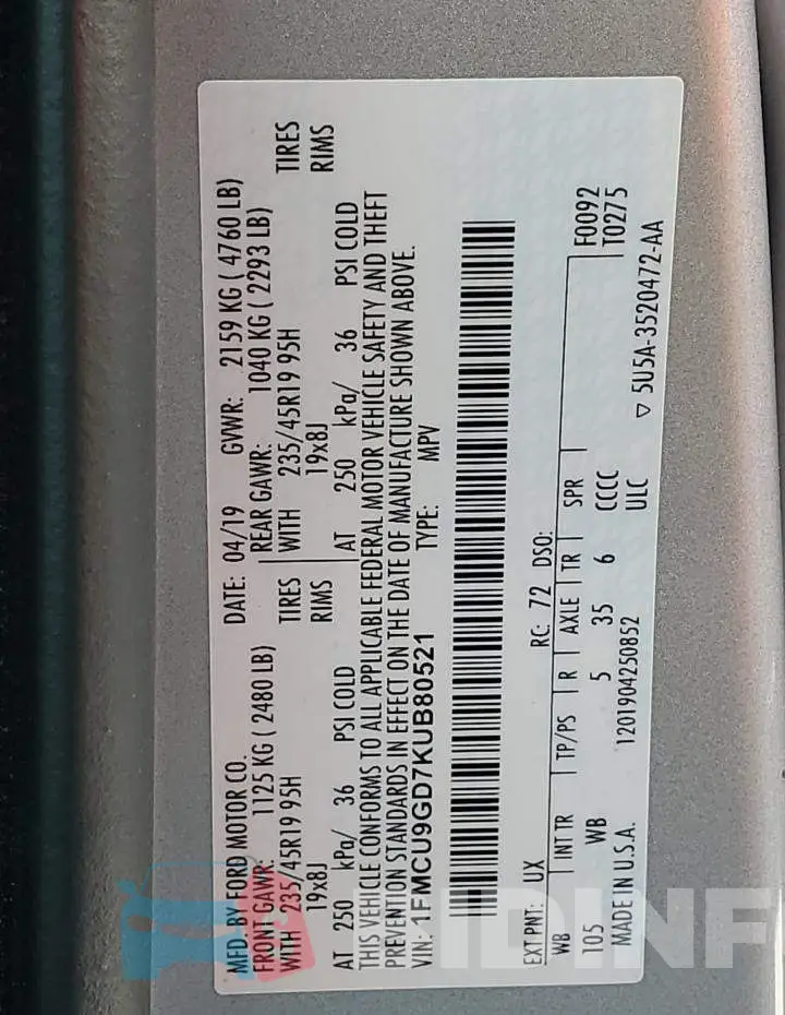 1FMCU9GD7KUB80521 Photo# 13