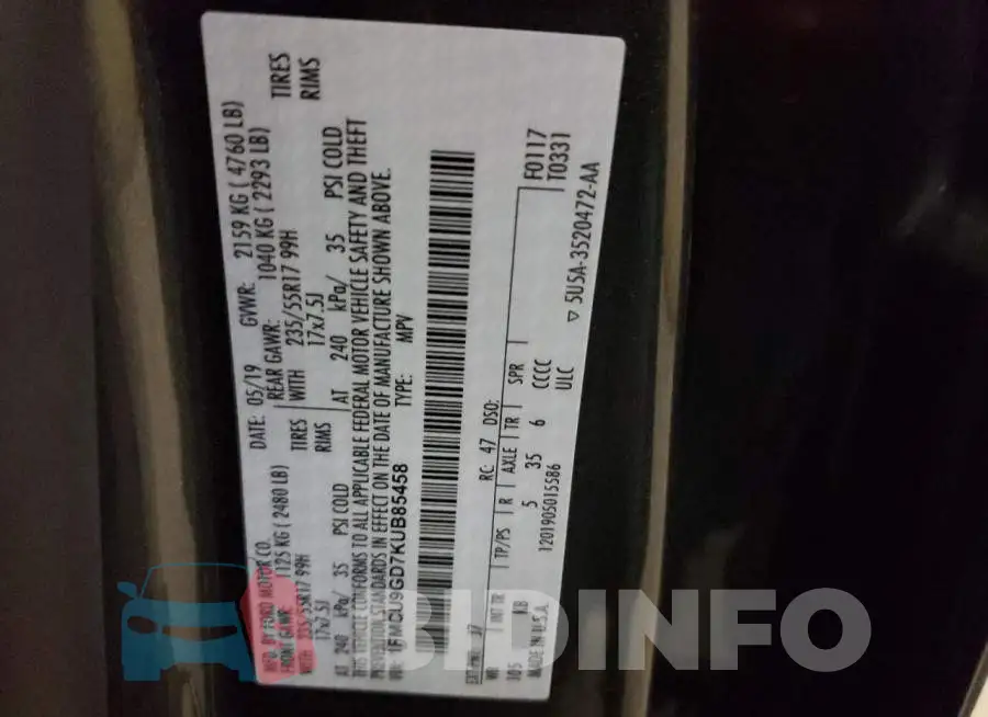1FMCU9GD7KUB85458 Photo# 13
